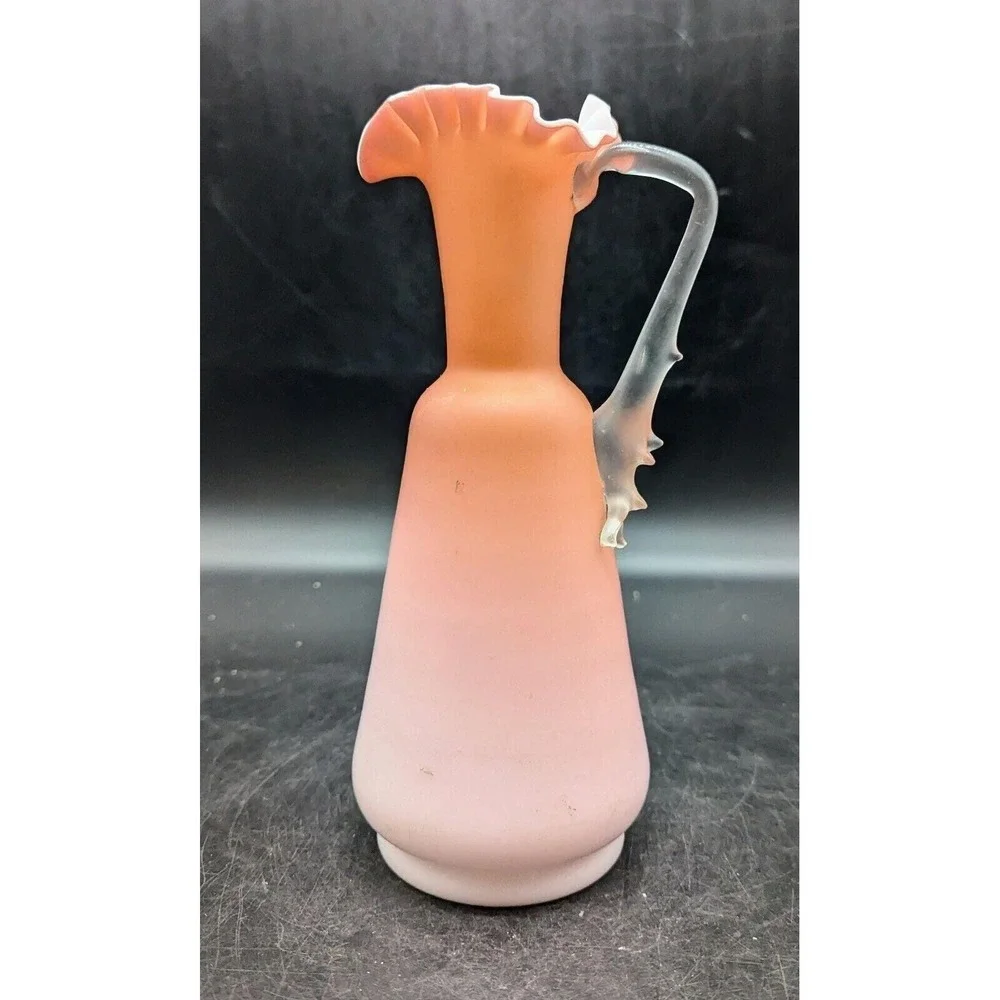Victorian Peach Satin Glass Ewer / Pitcher Crimped Top & Applied Thorn Handle 8.